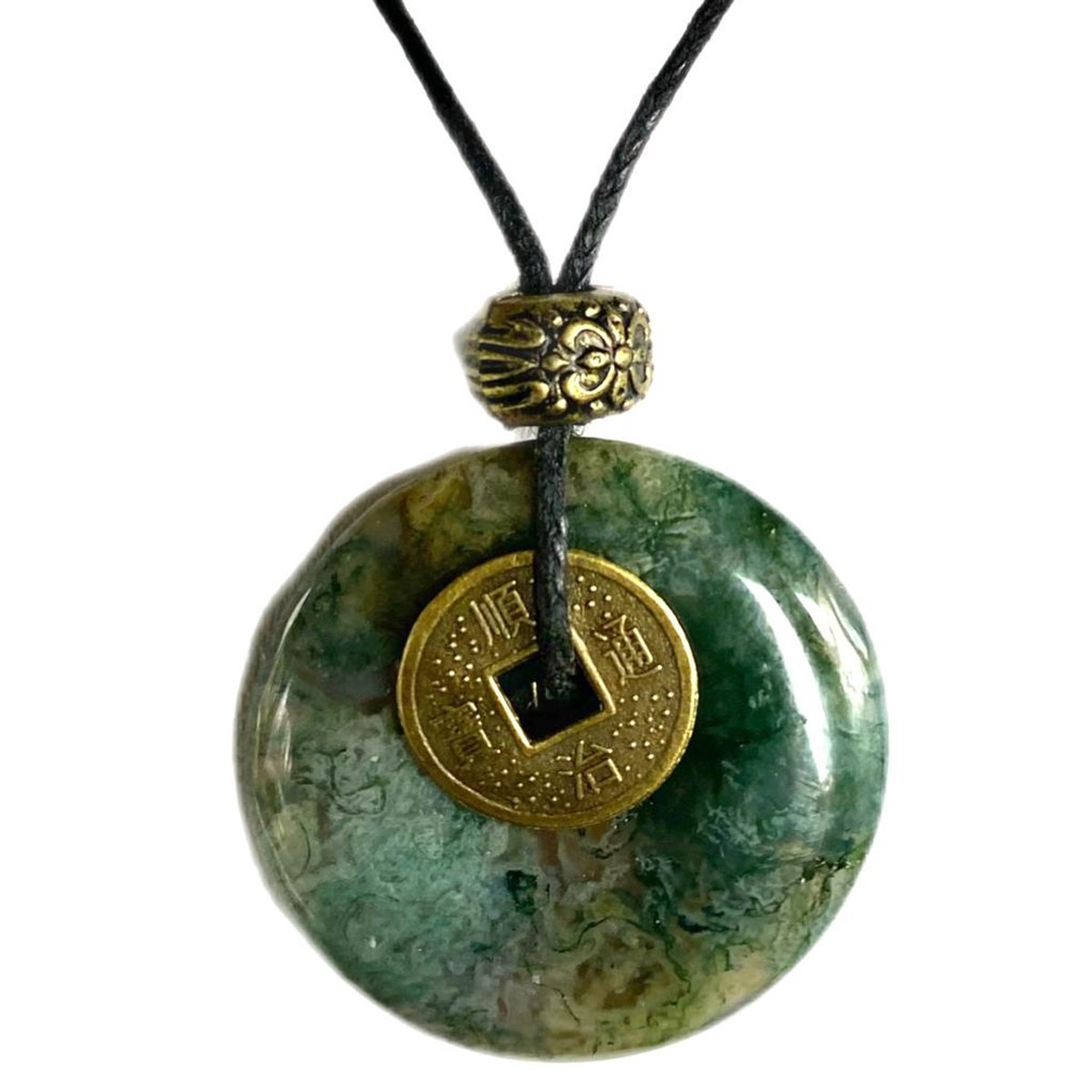 Mosagaat - Vreugde - Chinese Geluksmunt - Cirkel 3cm - Edelsteen - Amulet - Ketting - Donut - Cadeau - Levenskracht - Sieraad