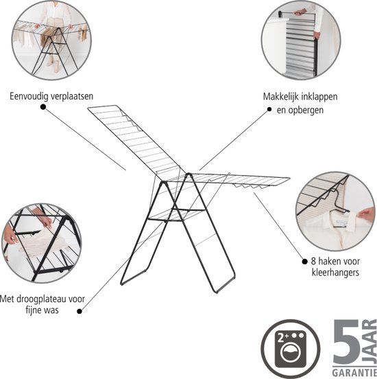 Brabantia HangOn droogrek: makkelijk verplaatsbaar, in te klappen, op te bergen en met 8 haken voor kleerhangers. Tevens een droogplateau voor fijne was.