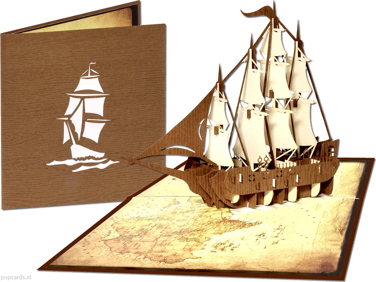 Popcards popupkaarten - 3D Zeilschip met landkaart | Piratenschip Piraten Schip Ahoy Viermaster Schatkaart Treasure Island Schateiland Pirates pop-up kaart 3D wenskaart