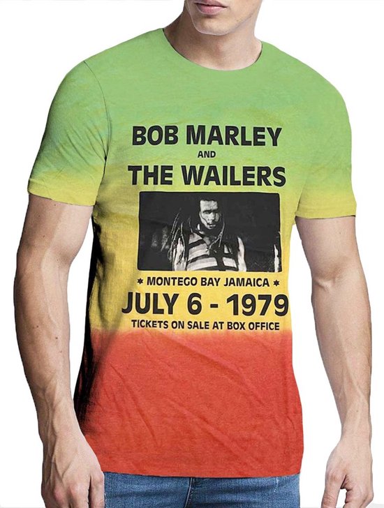 T-shirt met Bob Marley & The Wailers affiche in groen, geel en rood. Tekst: Bob Marley and The Wailers, Montego Bay Jamaica, July 6-1979.