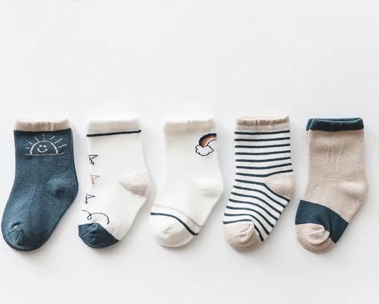 Baby Berliée - 5 Paar Schattige Baby Sokken - Blauw en Beige - Regenboog - 0-12 Maanden