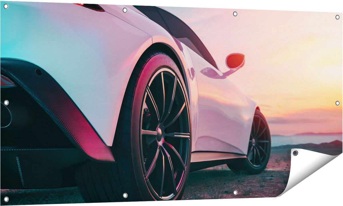Gards Tuinposter Witte Sportwagen Auto - 140x70 cm - Tuindoek - Tuindecoratie - Wanddecoratie buiten - Tuinschilderij Multikleur