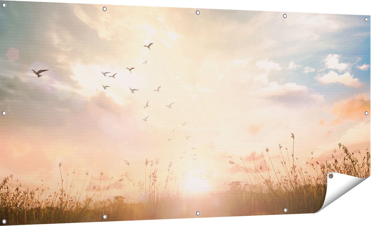 Gards Tuinposter Silhouet Vogels tijdens Zonsopkomst - 180x90 cm - Tuindoek - Tuindecoratie - Wanddecoratie buiten - Tuinschilderij Multikleur