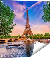 Gards Tuinposter Eiffeltoren in Parijs aan het Water - Kleur - 60x60 cm - Tuindoek - Tuindecoratie - Wanddecoratie buiten - Tuinschilderij