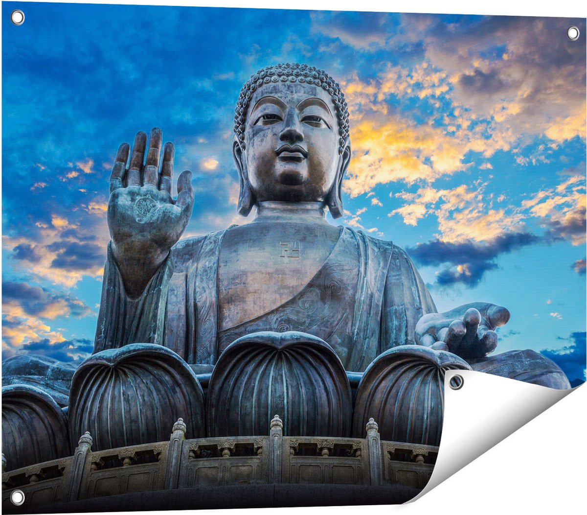 Gards Tuinposter Boeddha Beeld bij een Tempel - 80x60 cm - Tuindoek - Tuindecoratie - Wanddecoratie buiten - Tuinschilderij Multikleur