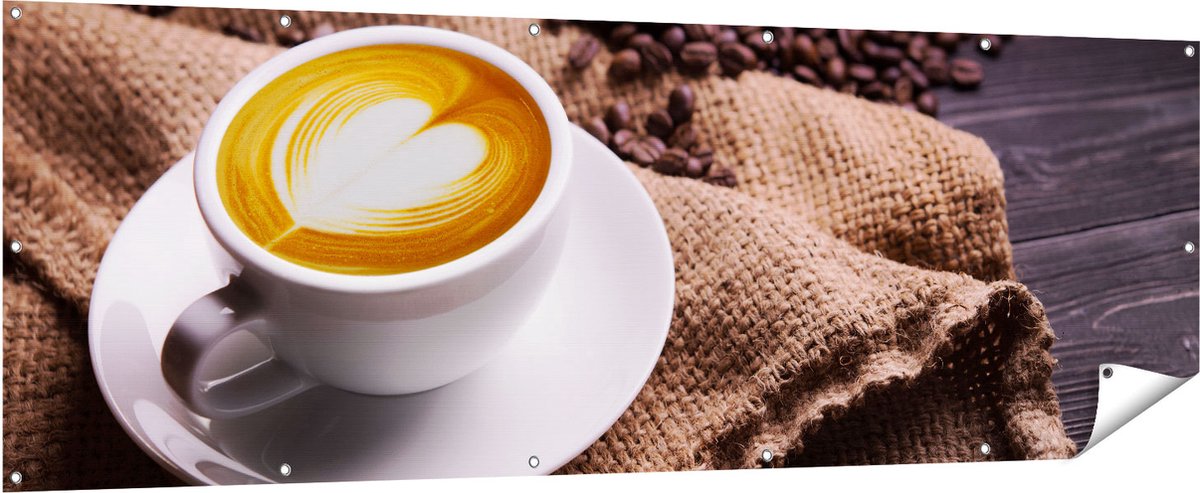 Gards Tuinposter Kopje Koffie in een Hartje met Koffiebonen - 210x70 cm - Tuindoek - Tuindecoratie - Wanddecoratie buiten - Tuinschilderij Multikleur
