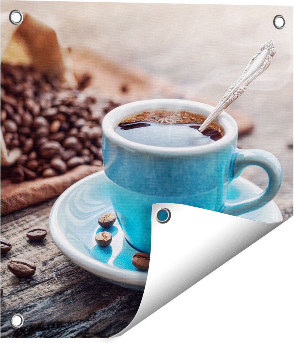 Gards Tuinposter Blauw Kopje Koffie met Koffiebonen - 40x40 cm - Tuindoek - Tuindecoratie - Wanddecoratie buiten - Tuinschilderij Multikleur