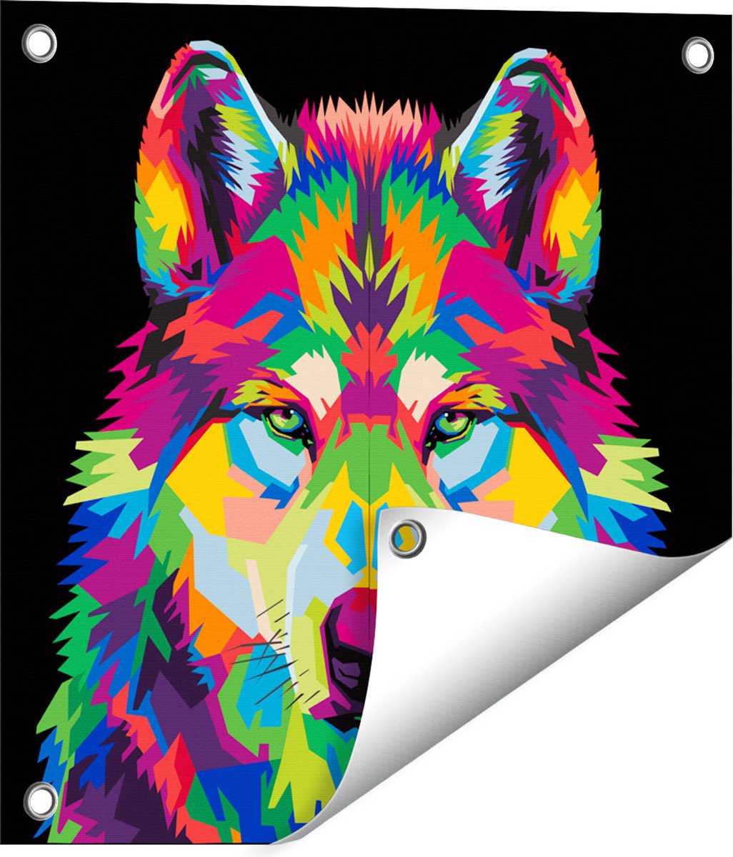 Gards Tuinposter Gekleurde Wolvenkop - Wolf - Abstract - 40x40 cm - Tuindoek - Tuindecoratie - Wanddecoratie buiten - Tuinschilderij Multikleur