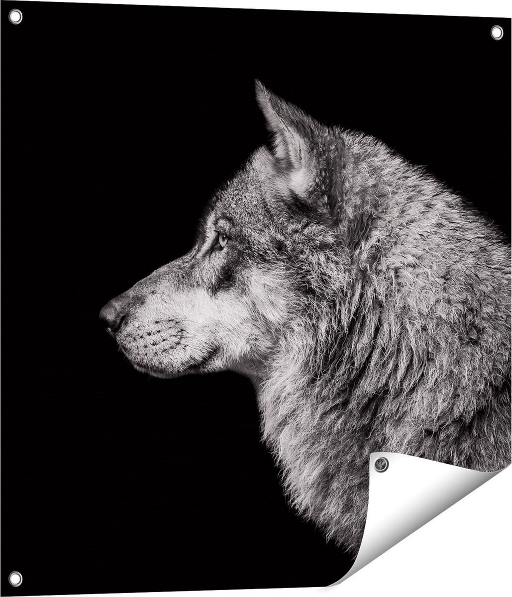 Gards Tuinposter Wolvenkop - Wolf - Zwart Wit - 70x70 cm - Tuindoek - Tuindecoratie - Wanddecoratie buiten - Tuinschilderij Multikleur