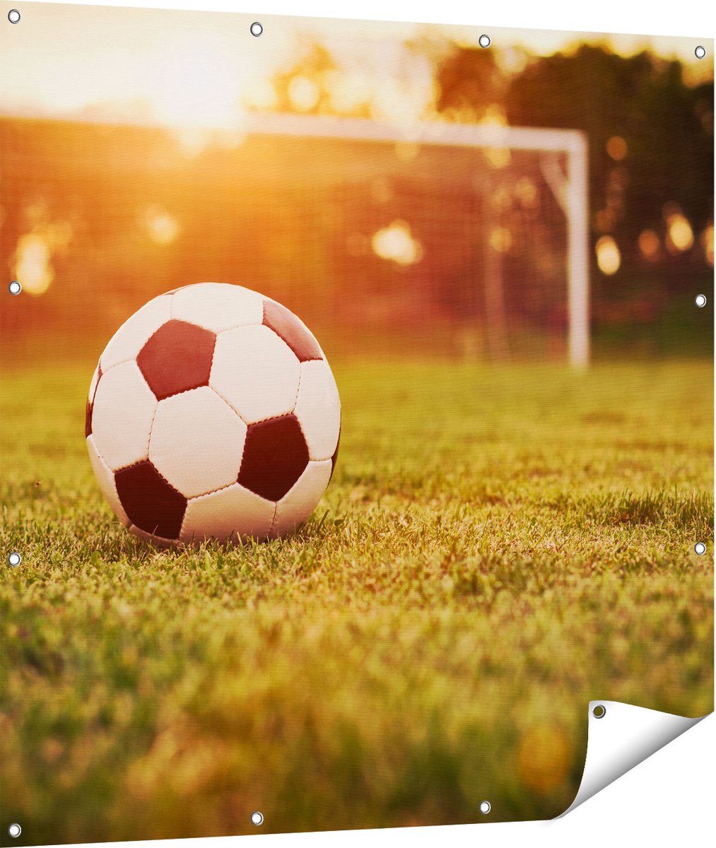 Gards Tuinposter Voetbal met Goal tijdens Zonsondergang - 110x110 cm - Tuindoek - Tuindecoratie - Wanddecoratie buiten - Tuinschilderij Multikleur