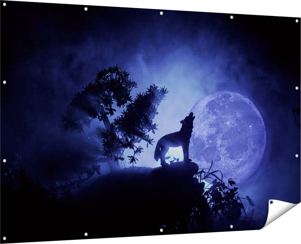 Gards Tuinposter Huilende Wolf in Silhouet bij Volle Maan - 180x120 cm - Tuindoek - Tuindecoratie - Wanddecoratie buiten - Tuinschilderij Multikleur