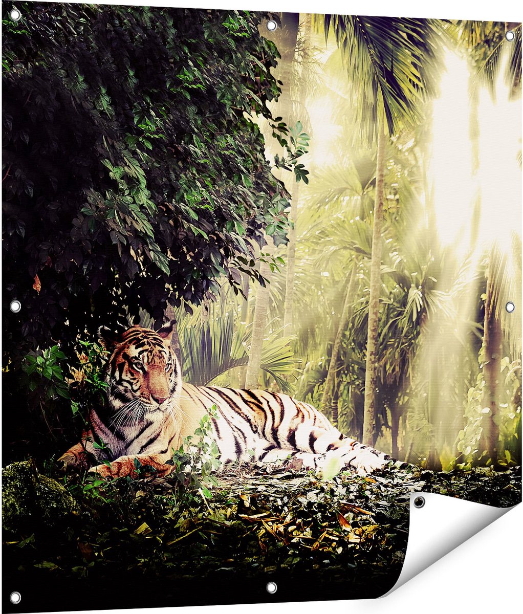 Gards Tuinposter Tijger in de Jungle met Zonneschijn - 90x90 cm - Tuindoek - Tuindecoratie - Wanddecoratie buiten - Tuinschilderij Multikleur