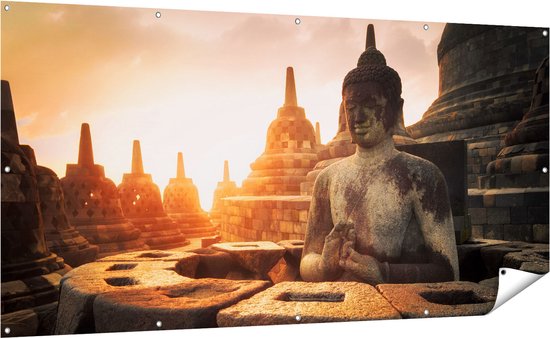 Foto: Gards tuinposter boeddha beeld in een tempel 200x100 cm tuindoek tuindecoratie wanddecoratie buiten tuinschilderij