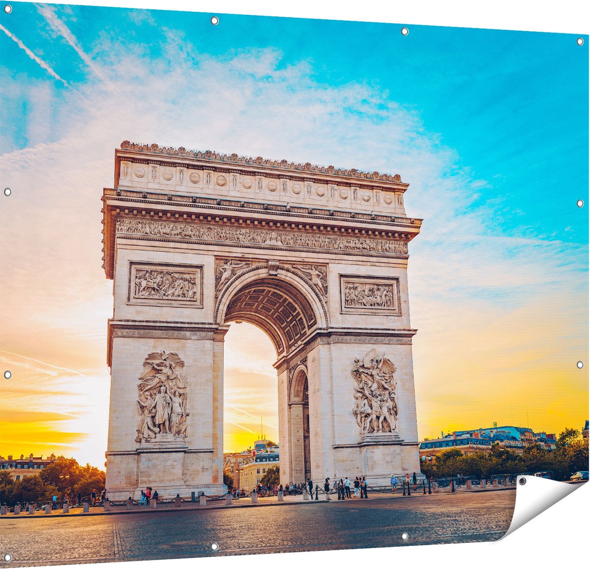 Gards Tuinposter Arc de Triomphe in Parijs met Zonsondergang - 150x120 cm - Tuindoek - Tuindecoratie - Wanddecoratie buiten - Tuinschilderij Multikleur