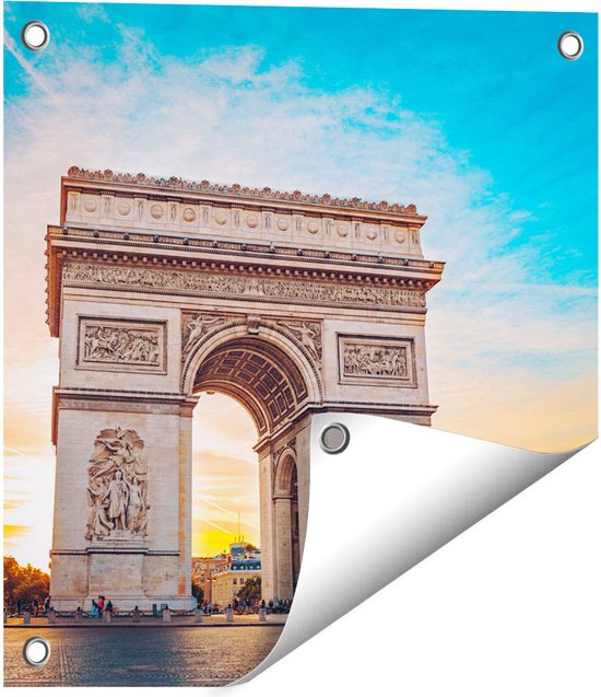 Gards Tuinposter Arc de Triomphe in Parijs met Zonsondergang - 40x40 cm - Tuindoek - Tuindecoratie - Wanddecoratie buiten - Tuinschilderij