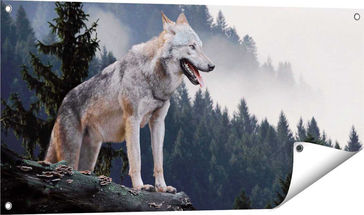 Gards Tuinposter Grijze Wolf in de Bossen - 100x50 cm - Tuindoek - Tuindecoratie - Wanddecoratie buiten - Tuinschilderij Multikleur