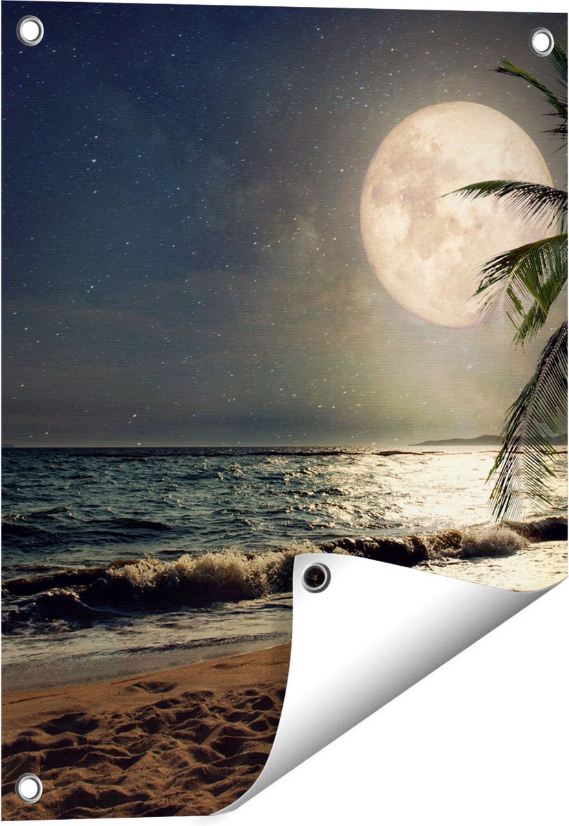 Gards Tuinposter Tropisch Strand in de Nacht met Volle Maan - 40x50 cm - Tuindoek - Tuindecoratie - Wanddecoratie buiten - Tuinschilderij Multikleur