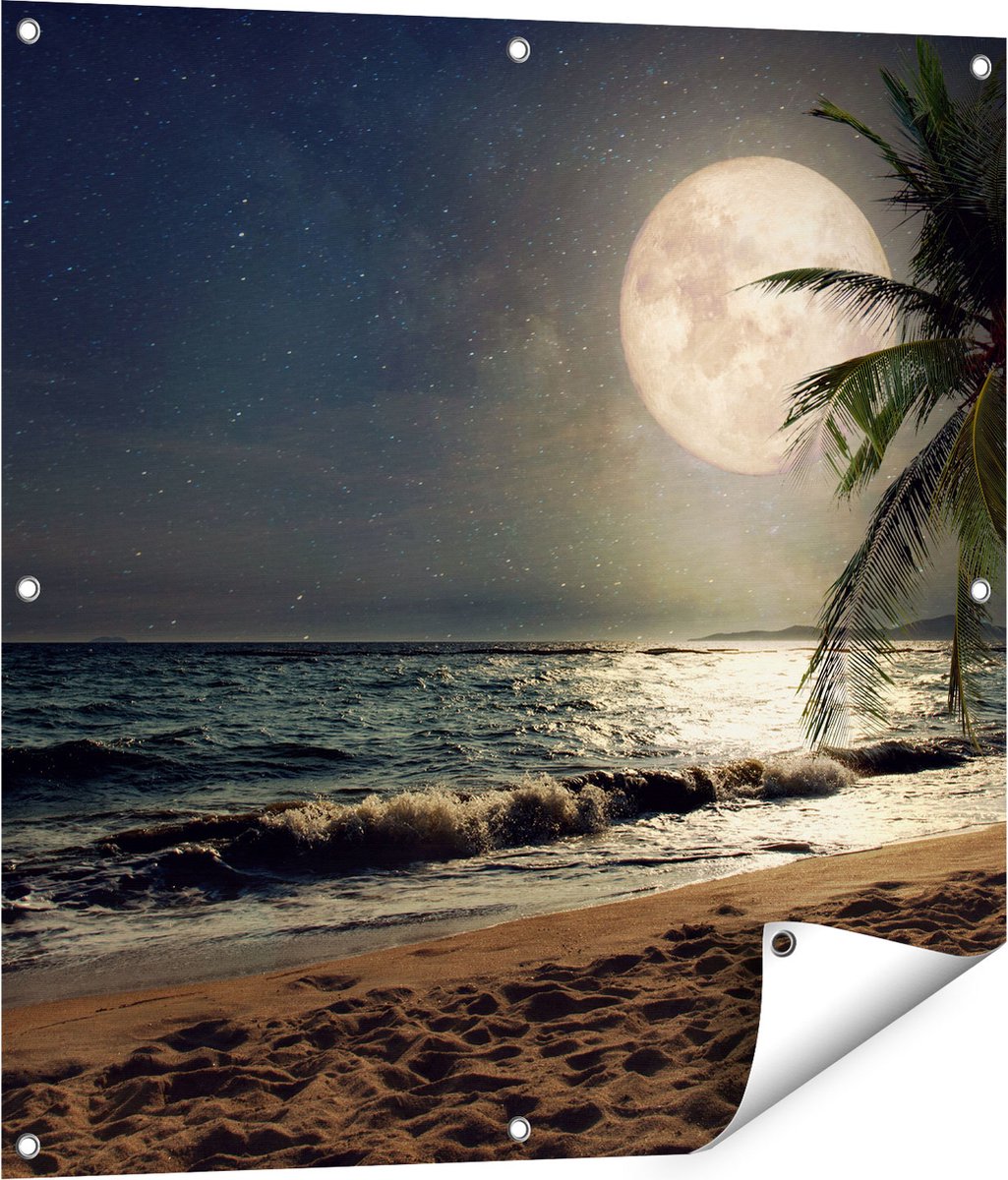 Gards Tuinposter Tropisch Strand in de Nacht met Volle Maan - 80x80 cm - Tuindoek - Tuindecoratie - Wanddecoratie buiten - Tuinschilderij Multikleur