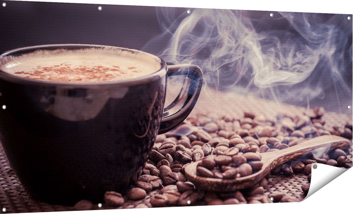 Gards Tuinposter Hete Koffie Kop met Koffiebonen - 180x90 cm - Tuindoek - Tuindecoratie - Wanddecoratie buiten - Tuinschilderij Multikleur