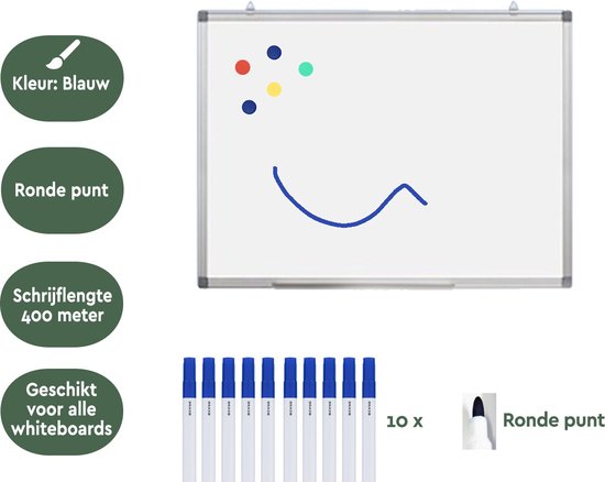 Een whiteboard met blauwe en rode stippen en een blauwe lach. Ernaast tien blauwe whiteboardstiften met ronde punt.