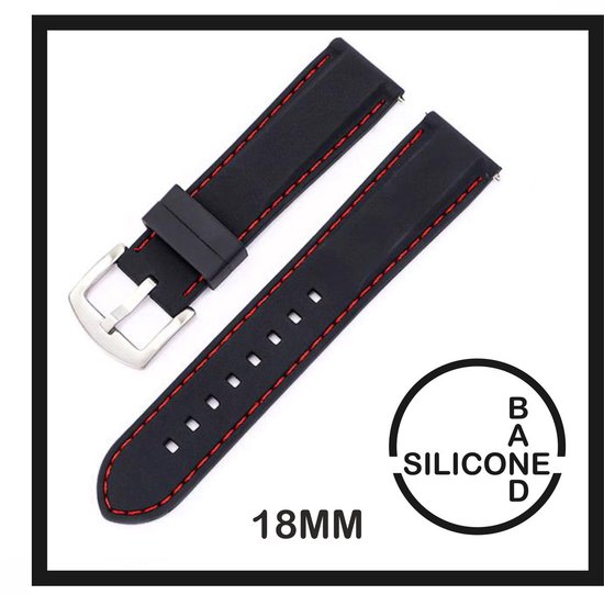Zwart 18mm siliconen horlogebandje met rode stiksels en zilverkleurige gesp.