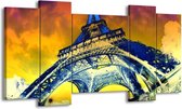 GroepArt - Schilderij - Eiffeltoren - Blauw, Geel, Grijs - 120x65 5Luik - Foto Op Canvas - GroepArt 6000+ Schilderijen 0p Canvas Art Collectie - Wanddecoratie