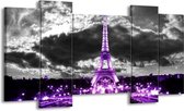 GroepArt - Schilderij - Eiffeltoren - Grijs, Paars, Zwart - 120x65 5Luik - Foto Op Canvas - GroepArt 6000+ Schilderijen 0p Canvas Art Collectie - Wanddecoratie