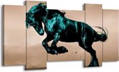 GroepArt - Schilderij - Paard - Bruin, Blauw, Zwart - 120x65 5Luik - Foto Op Canvas - GroepArt 6000+ Schilderijen 0p Canvas Art Collectie - Wanddecoratie