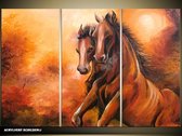 Schilderij -  Paarden - Bruin - 120x80cm 3Luik - GroepArt - Handgeschilderd Schilderij - Canvas Schilderij - Wanddecoratie - Woonkamer - Slaapkamer - Geschilderd Door Onze Kunstenaars 2000+Collectie Maatwerk Mogelijk