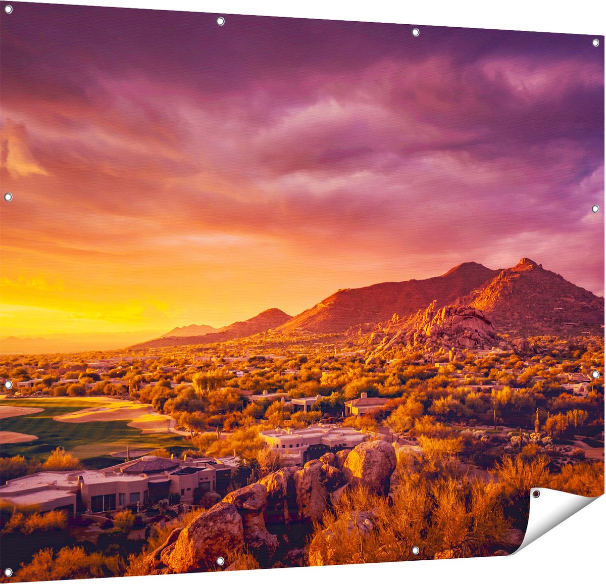 Gards Tuinposter Woestijn Landschap met Zonsondergang - 150x120 cm - Tuindoek - Tuindecoratie - Wanddecoratie buiten - Tuinschilderij Multikleur