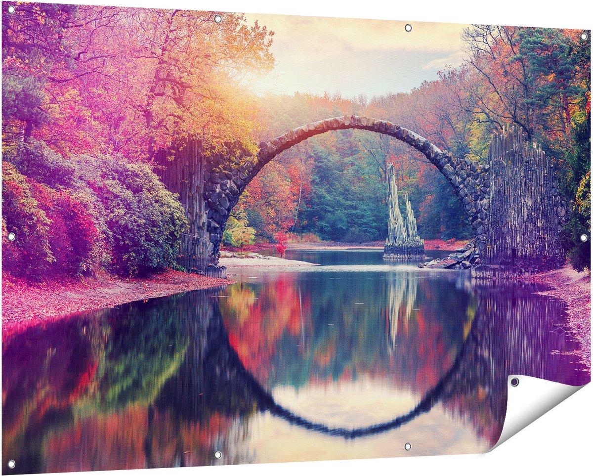 Gards Tuinposter Rakotz Brug in Duitsland in de Herfst - 150x100 cm - Tuindoek - Tuindecoratie - Wanddecoratie buiten - Tuinschilderij Multikleur