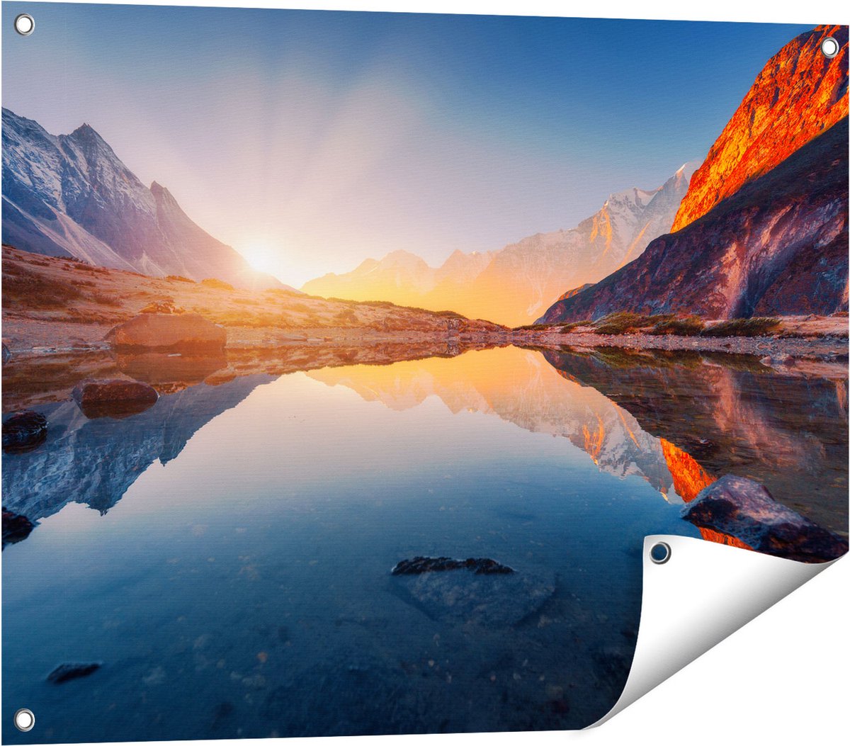 Gards Tuinposter Bergen Landschap met Zonsopgang - 80x60 cm - Tuindoek - Tuindecoratie - Wanddecoratie buiten - Tuinschilderij Multikleur