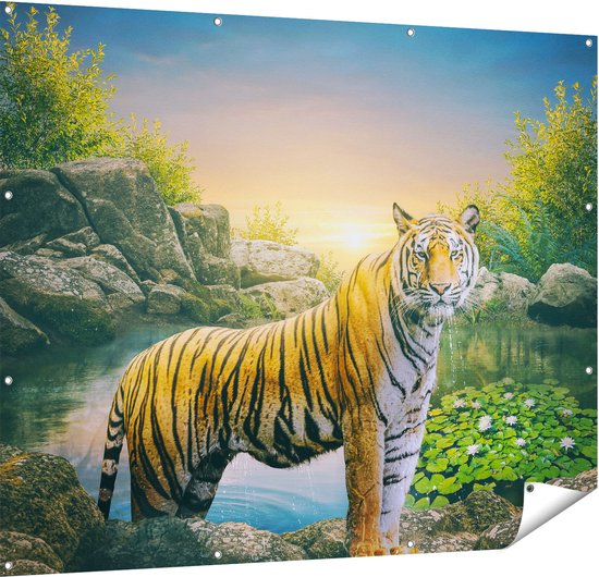 Gards Tuinposter Luipaard in een Vijver bij Zonsondergang - 150x120 cm - Tuindoek - Tuindecoratie - Wanddecoratie buiten - Tuinschilderij