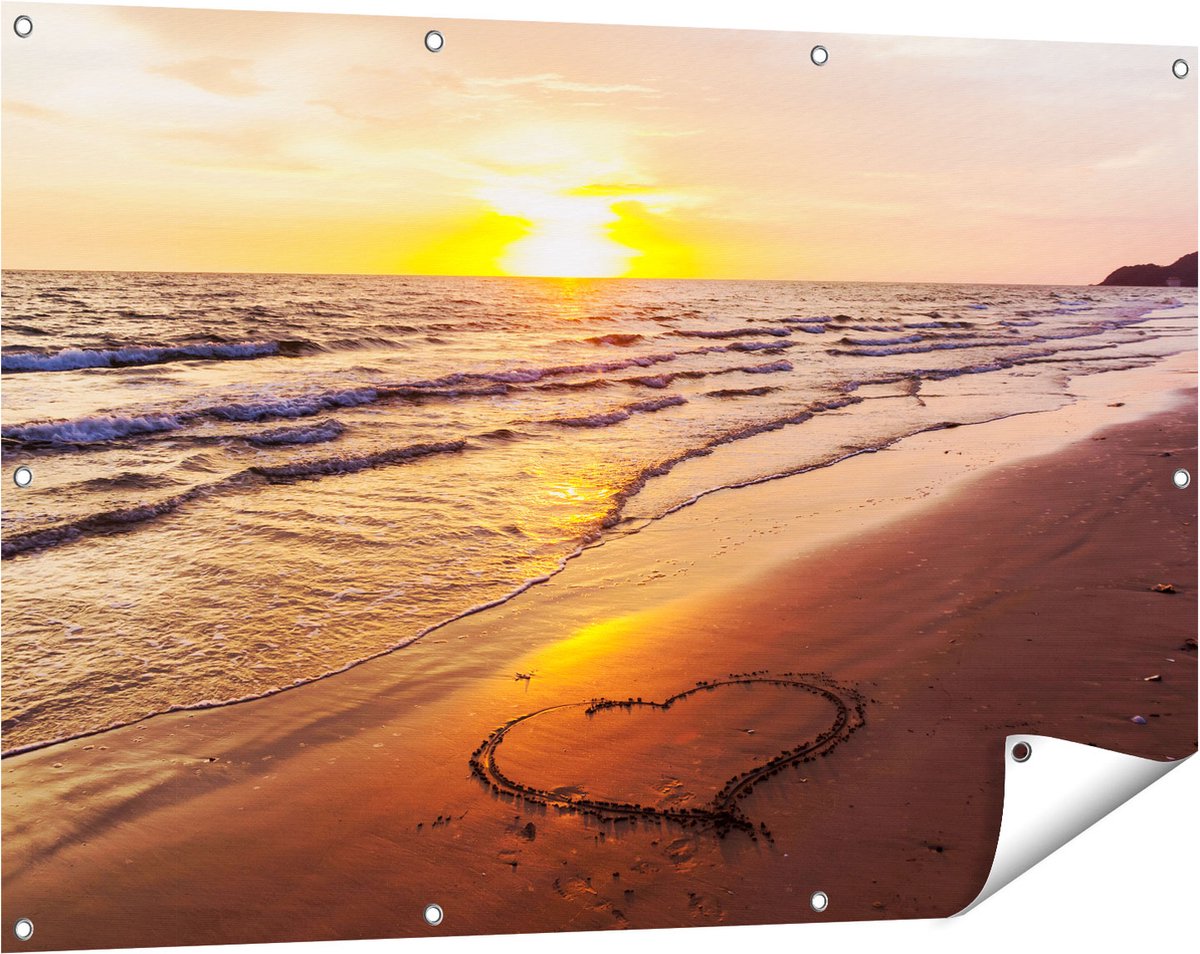 Gards Tuinposter Zonsondergang op het Strand met een Hartje - 120x80 cm - Tuindoek - Tuindecoratie - Wanddecoratie buiten - Tuinschilderij Multikleur