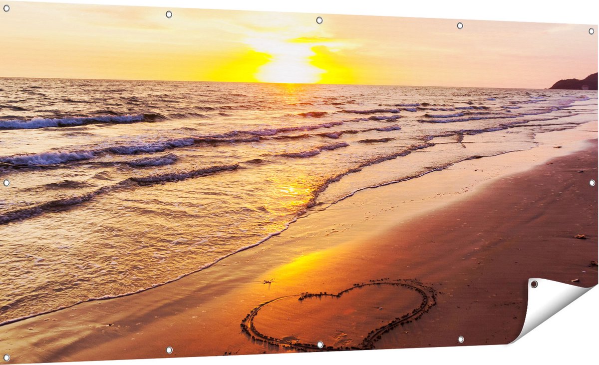 Gards Tuinposter Zonsondergang op het Strand met een Hartje - 180x90 cm - Tuindoek - Tuindecoratie - Wanddecoratie buiten - Tuinschilderij Multikleur