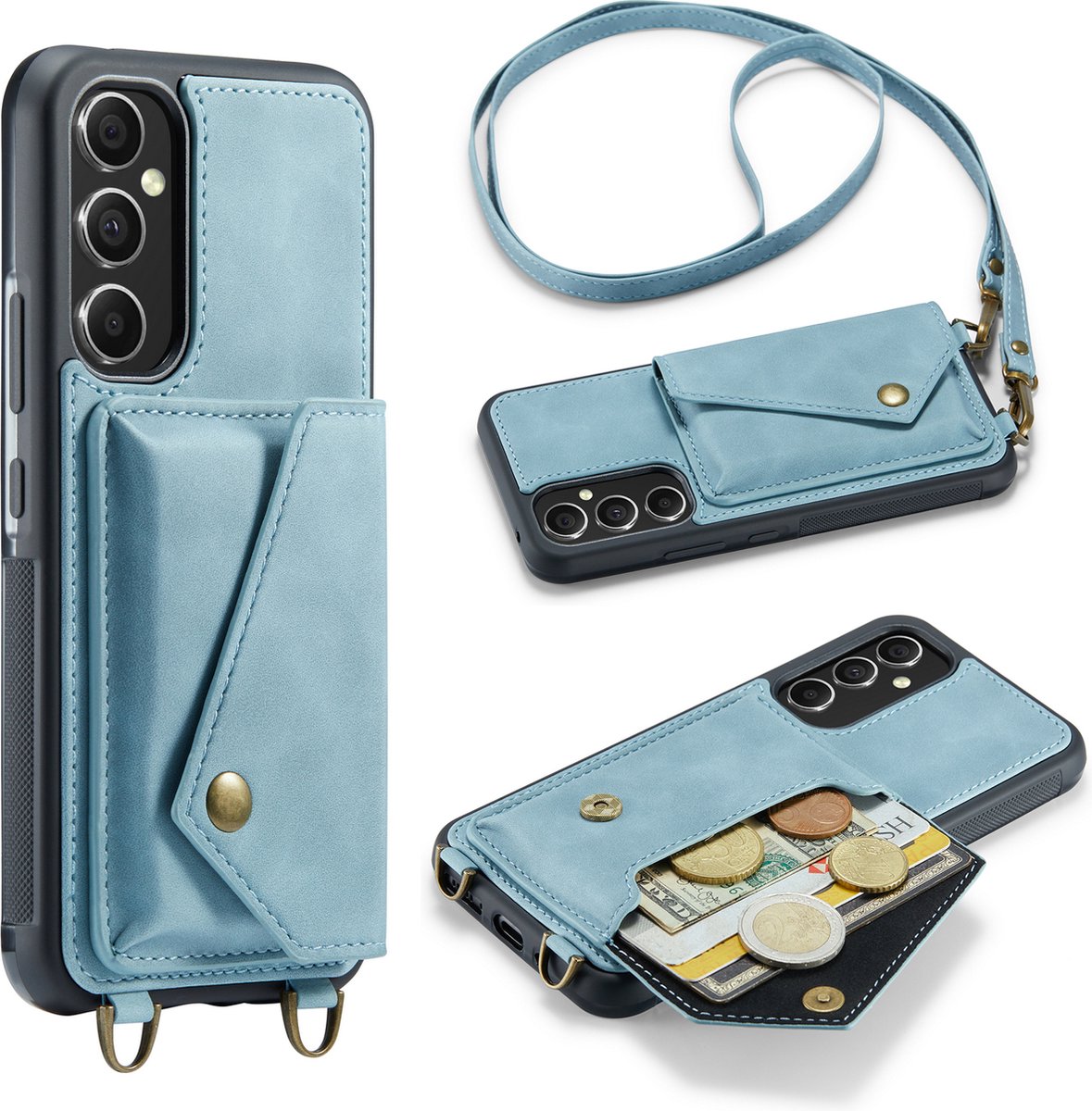 Casemania Hoesje Geschikt voor Samsung Galaxy A54 - Aqua Blue - Luxe Backcover met Koord en Magnetische Sluiting - Portemonnee Wallet Case met Pasjeshouder en Opbergvak - Lanyard Telefoonhoes - Cord Case