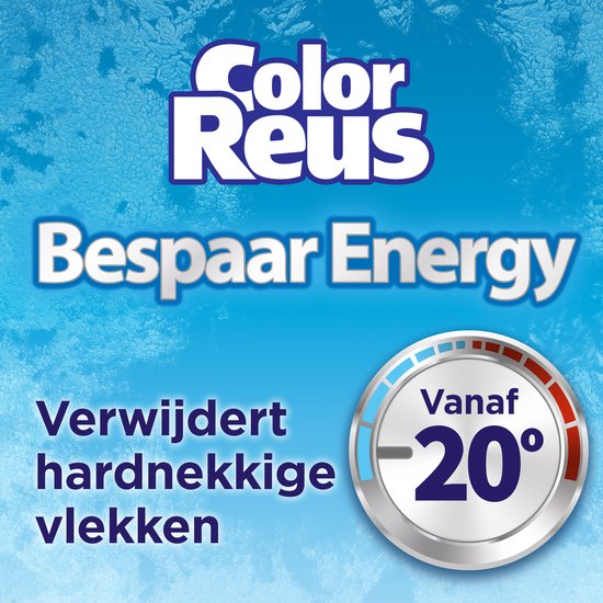 Logo Color Reus avec le texte 'Bespaar Energy'. Élimine les taches tenaces dès 20 degrés.
