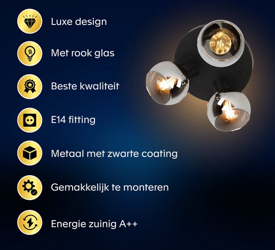 Zwarte plafondlamp met drie spots met rookglas. Luxe design, metaal met zwarte coating.