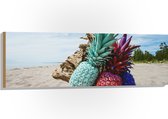 Hout - Gekleurde Ananassen op Strand - 120x40 cm - 9 mm dik - Foto op Hout (Met Ophangsysteem)