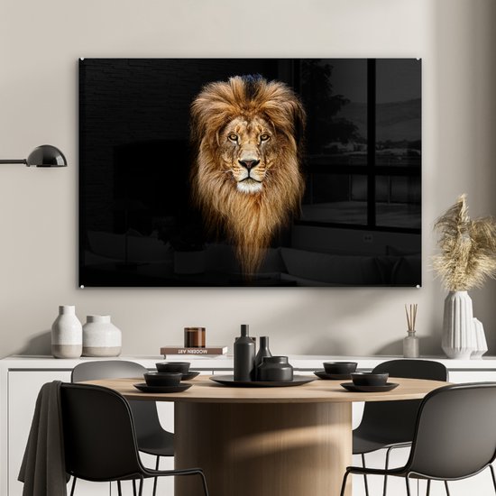 Peinture sur verre animaux - Lion - Marron - Portrait - Animaux sauvages - Peinture sur verre - Photo sur verre - 90x60 cm - Décoration murale en verre