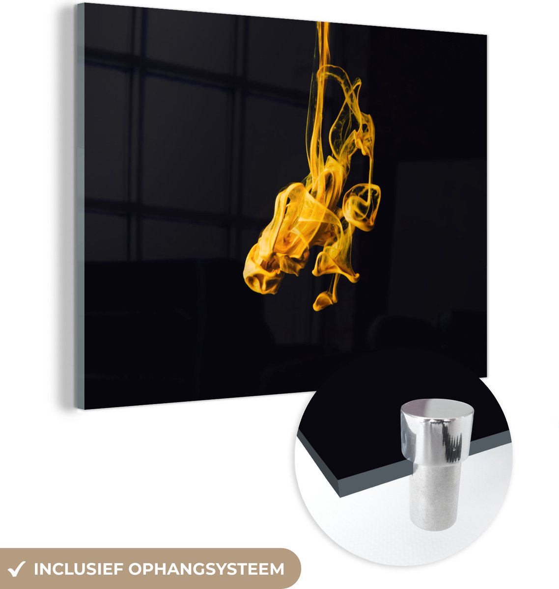 ® Glasschilderij 120x90 cm - Schilderij acrylglas - Verf - Goud - Zwart - Abstract - Foto op glas - Muurdecoratie woonkamer - Wanddecoratie slaapkamer - Schilderijen