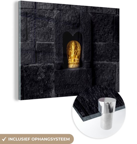 Glasschilderij - Ganesha beeld - Goud - Spiritueel - Bakstenen - Zwart - 40x30 cm - Wanddecoratie - Kamer decoratie