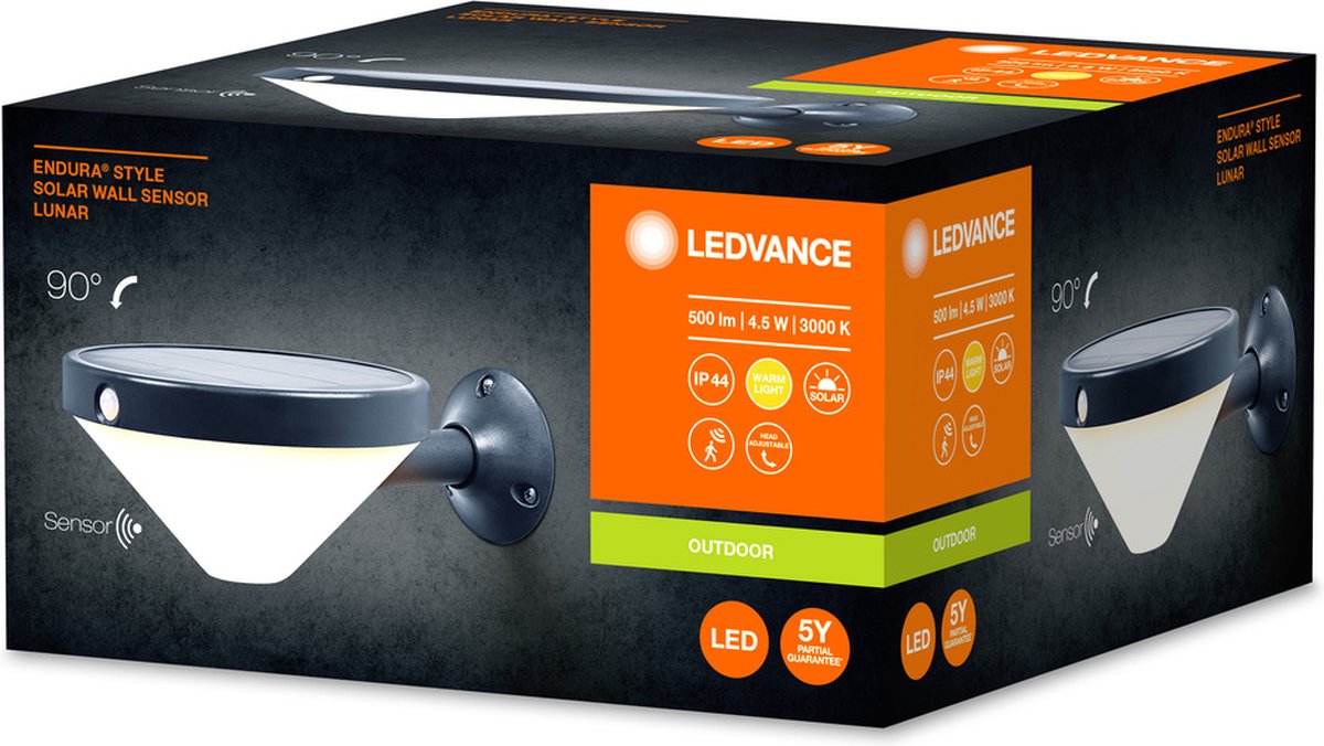 LEDVANCE ENDURA Style Lunar solar wandlamp, warm wit licht (3000K), geïntegreerde sensor, bruikbaar zonder stroom, lange batterijduur: 60 keer 30 seconden in PIR-modus, IP44 bescherming, zwart