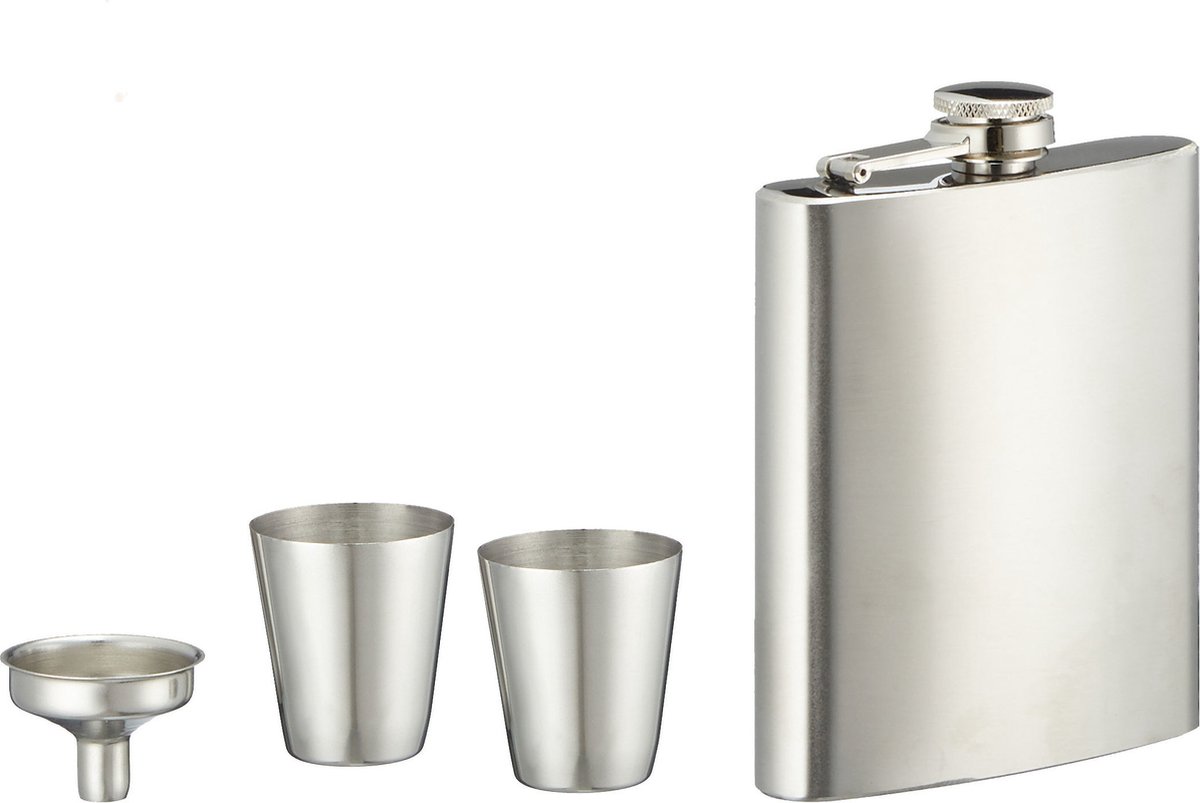 Decopatent® RVS Heupfles - 4 Delige Gift Set - Platvink - RVS Zakflacon - Zakfles - Drankfles - Drankflacon Heupflesje - Incl. Trechter en 2x Bekers