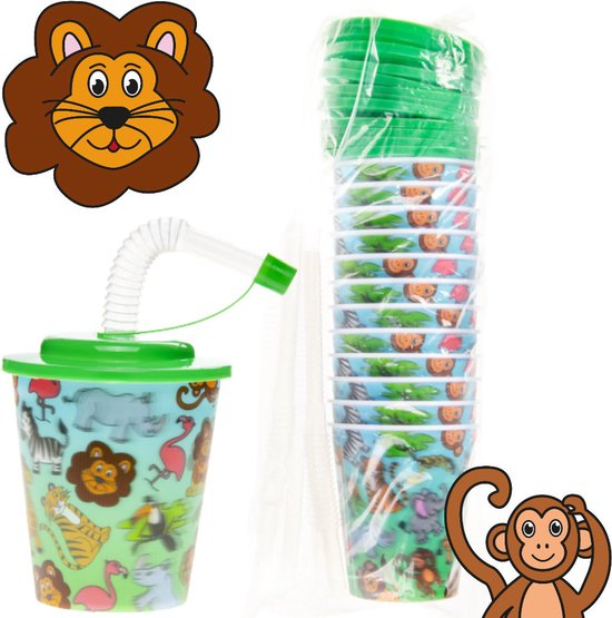 12 STUKS WILDE DIEREN 3D Drink Beker met Rietje en Deksel - 250ML - Jungle Plastic Bekers - Kinderfeestje - Kinderverjaardag Bekertjes - Traktatie - Uitdeelcadeaus van Illusis — afbeelding 3