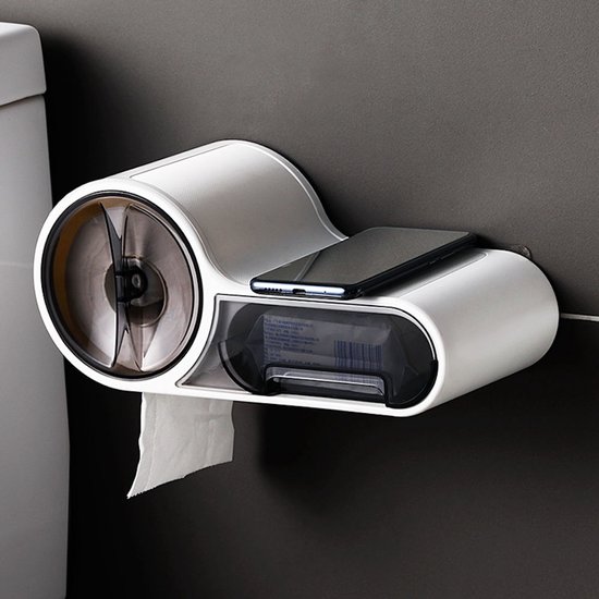 Witte toiletrolhouder met transparant venster voor toiletrollen en een lade. Bovenop ligt een smartphone.