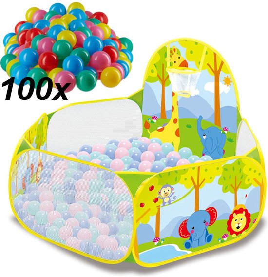 Foto: Decopatent ballenbak met basketbal net met 100 ballen voor ballenbak baby dieren print ballenbad voor kinderen ballenbad