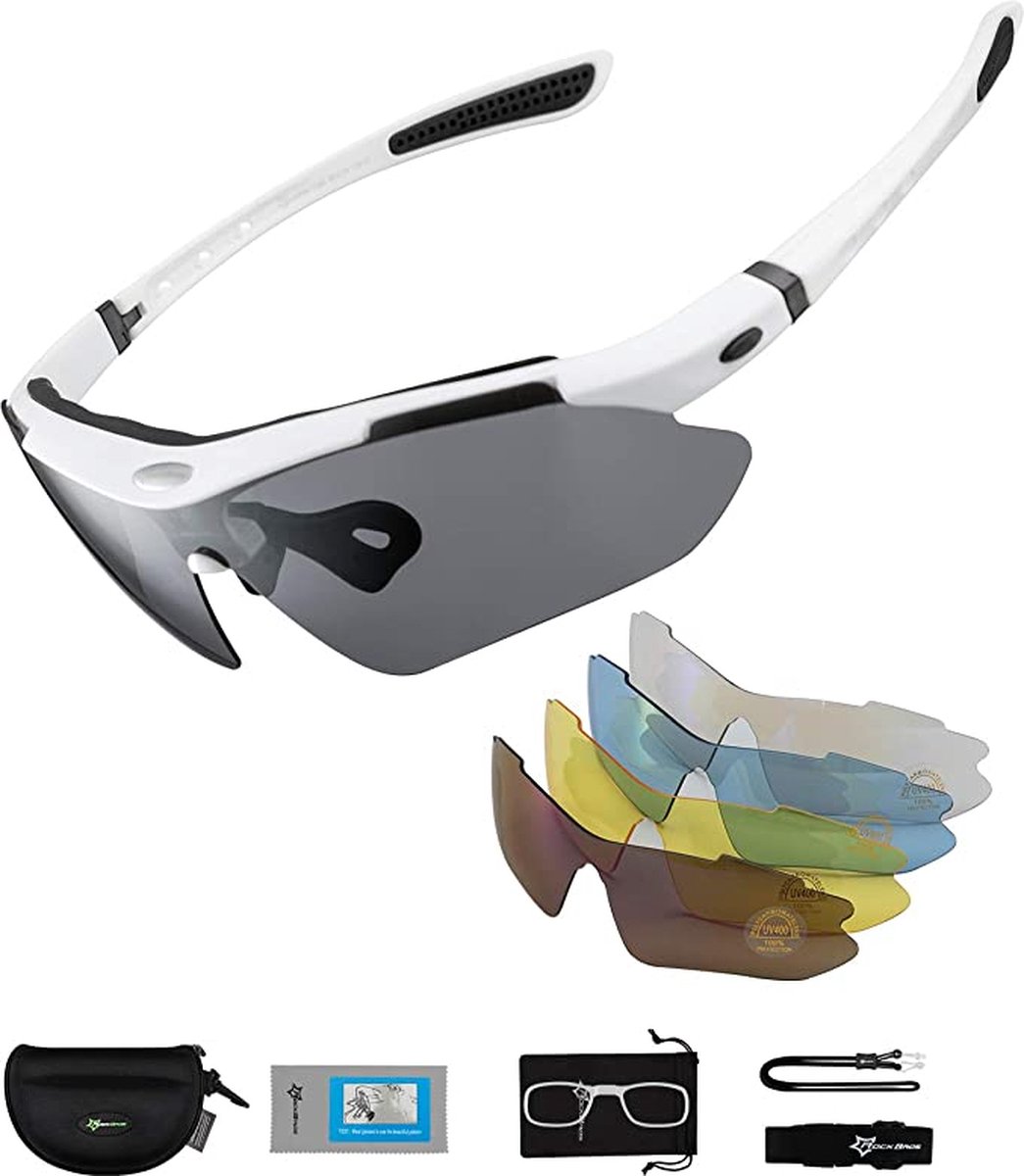 Rockbros Fietsbril - Gepolariseerde Sportbril Set - 5 Verwisselbare Lenzen - UV-Schutzbeschichtung - Wit - Rockbros