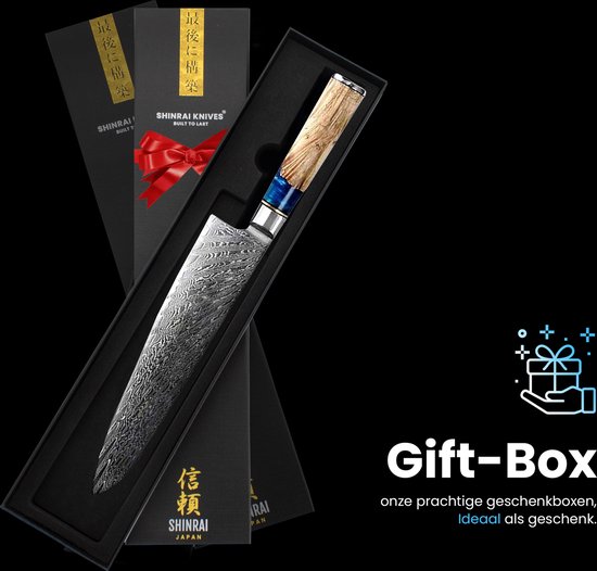 Shinrai Japan - Couteau de Chef Japonais - 20 cm - Couteau Damas - Epoxy Saphir - Coffret de luxe inclus