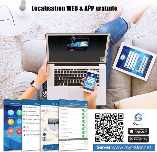 Laptop, tablet en telefoon met GPS tracker app. QR-codes voor app downloads. "Localisation WEB & APP gratuite".